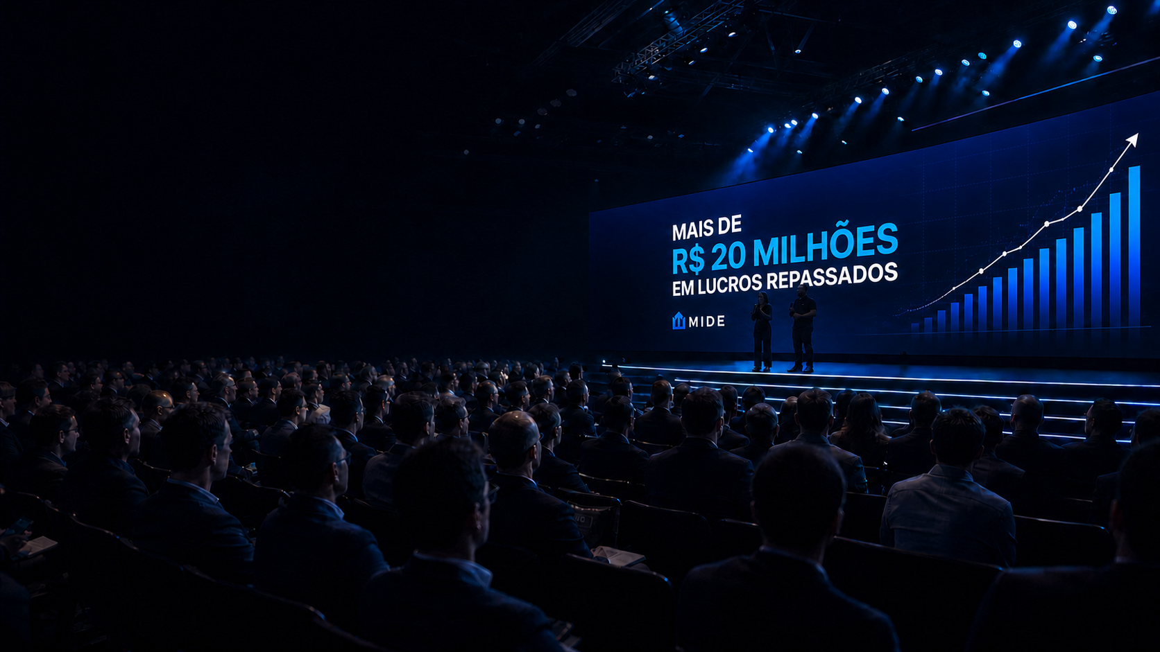 Auditório da MIDE Experience com Milene e Bruno apresentando no palco
